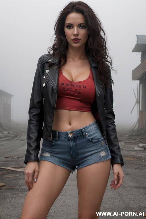 pretty, ukrainian, 30, wavy hair, dark brown hair, white skin, athletic body, natural boobs, slight smile, makeup, eye shw, standing, spreading legs, black leather jacket, red v-neck t-shirt, denim shorts, fishnets, thick fog, abandoned town background. - #main