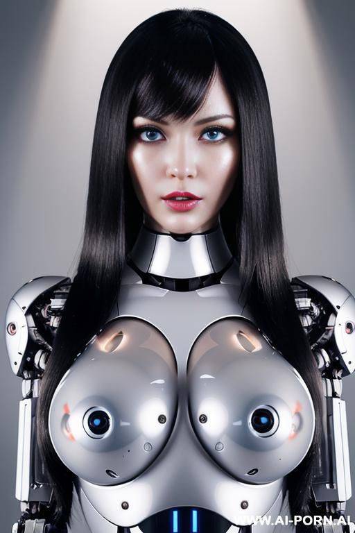 (realistic very detailed robot doll total meccanical artificial robot body woman) with long black hair and black-white glossy rubber latex glass transparent colored skin threads, glowing blue robotic - #main