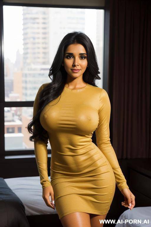 (( long sleeve crew neck dress )), (pretty face), (detailed face), (soft slutty smile), (perfect), (natural lighting), ((highly detailed photo)), ((tanned indian)), dark complexion | , ((asin)), ((manhattan penthouse bedroom)) (big windows) - #main