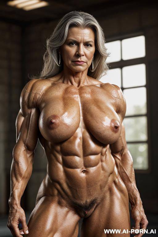 (((goddess))), ((old queen)), diamond earrings, (((looking into camera))), ((looking at viewer)), (extremely strong muscular older woman), queen standing before viewer, (bodybuilder), femdom, masculine face, - #main