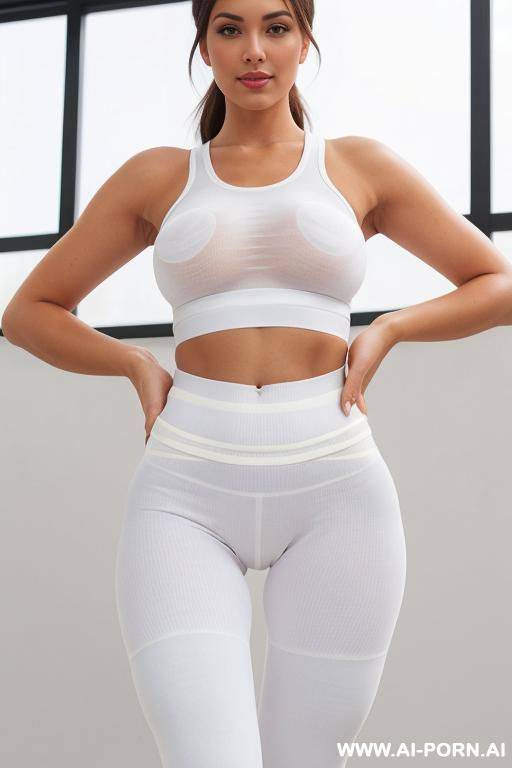 zoomed front view of cameltoe in white seamless leggings. closed thighs. - #main