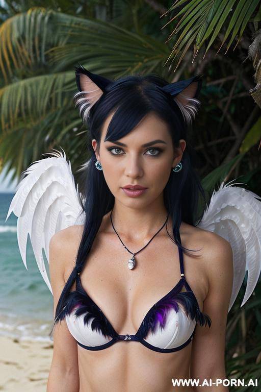 face, sexy, beautiful, ((bikini as seashell)), ((roses)), ((eyes shw)), ((angel wings)), ((slick navy blueberry burst hair)), ((glitter)), ((long bu hair)), ((heterochromia eyes)), ((wind)), (( cat face)), - #main