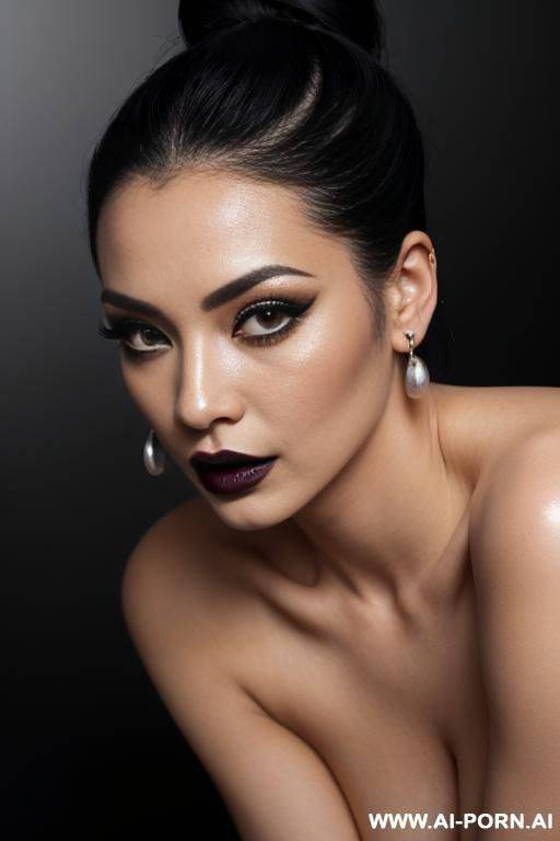 supermodel, bun hairstyle, long eyelashes, black eyeliner, mascara, dark eyeshw, glossy black lipstick, sexy lips, sexy facial expression, earrings, naked, black nails, straight to the camera, top-down - #main
