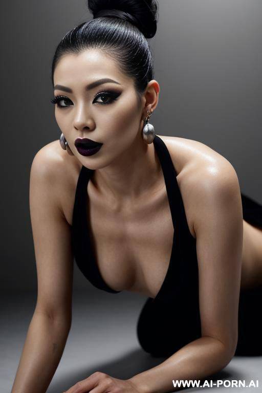 supermodel, bun hairstyle, long eyelashes, black eyeliner, mascara, dark eyeshw, glossy black lipstick, sexy lips, sexy facial expression, earrings, naked, black nails, straight to the camera, all - #main
