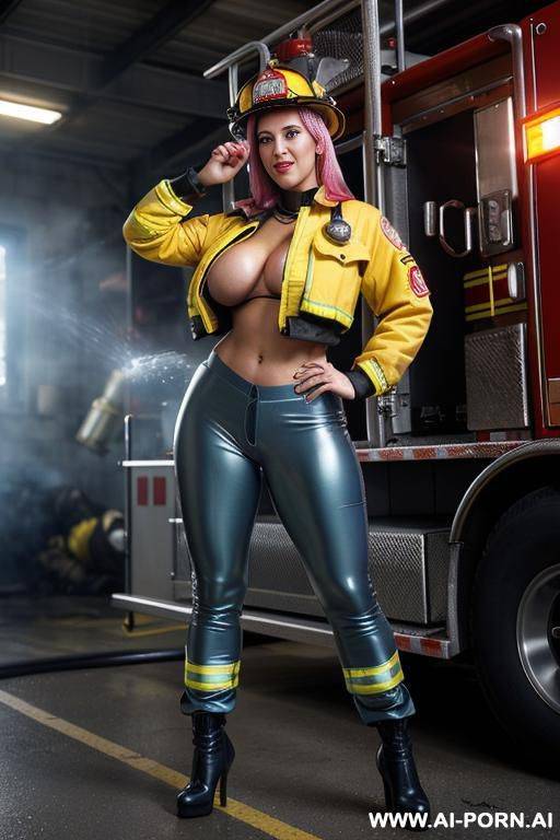hot ultra realistic very beautiful firefighter with hourglass figure, yellow firefighter helmet, (yellow fire jacket, jacket completely unbuttoned, jacket open), (dark blue firefighter pants, pants - #main