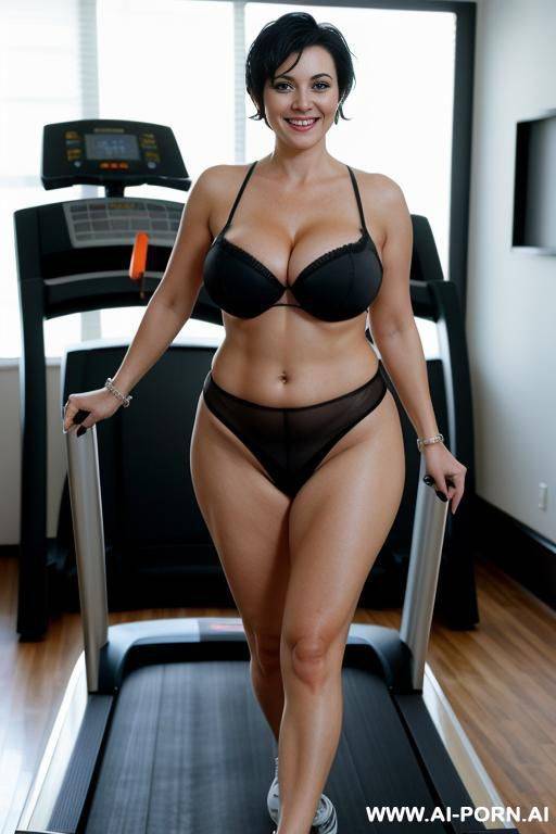 smiling curvy busty russian milf with short black hair walking naked on a treadmill - #main