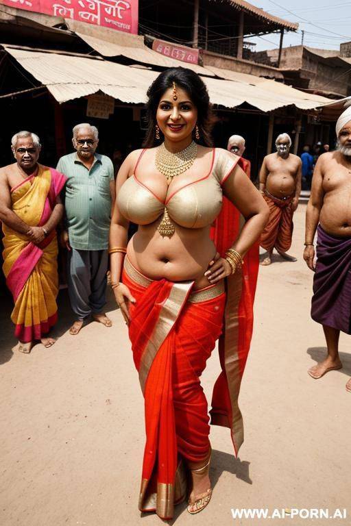 smiling curvy milf wearing indian sari standing in indian market surrounded by three old indian men - #main