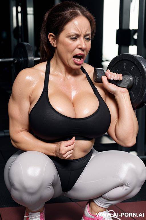 gym milf in leggings panting sweating screaming mouth open wide no bra - #main