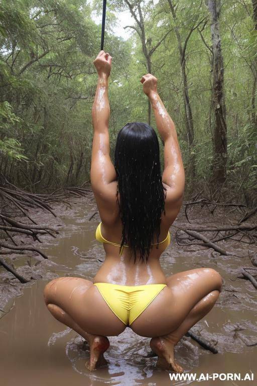 yellow thong slingshot bikini swimsuit, gigantic extreme oversized boobs. - #main