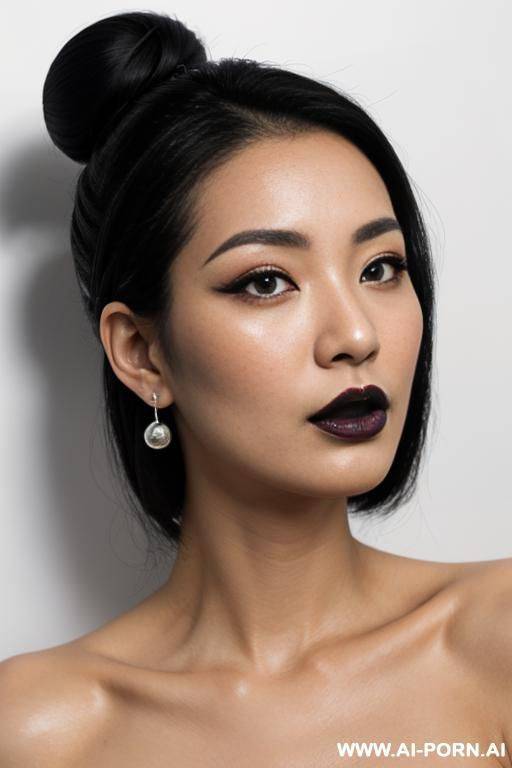 full body, supermodel, bun hairstyle, long eyelashes, black eyeliner, mascara, dark eyeshw, glossy black lipstick, sexy lips, sexy facial expression, earrings, naked, black nails, straight to the - #main