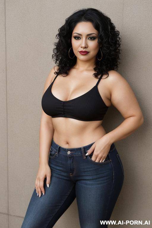 latina woman posing for picture. below average body. chubby body. short hair. wet curly hair. wet hair. curly hair. wet curls. black hair. chola. chola make up. chicana makeup. suspicious smile. - #main