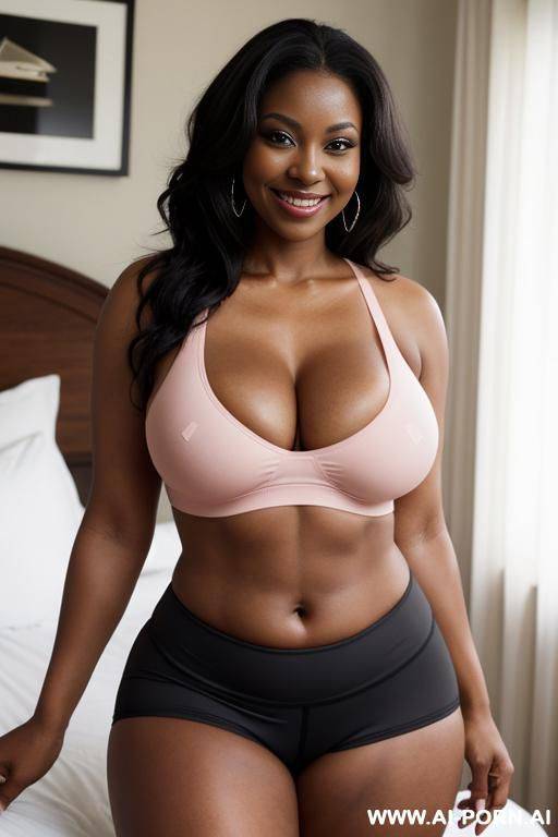 curvy ebony aged mom with a seductive smile. she has thick thighs. she has massive saggy natural tits. she has her hands on her hips. she is wearing tight yoga shorts and pink sports top. - #main