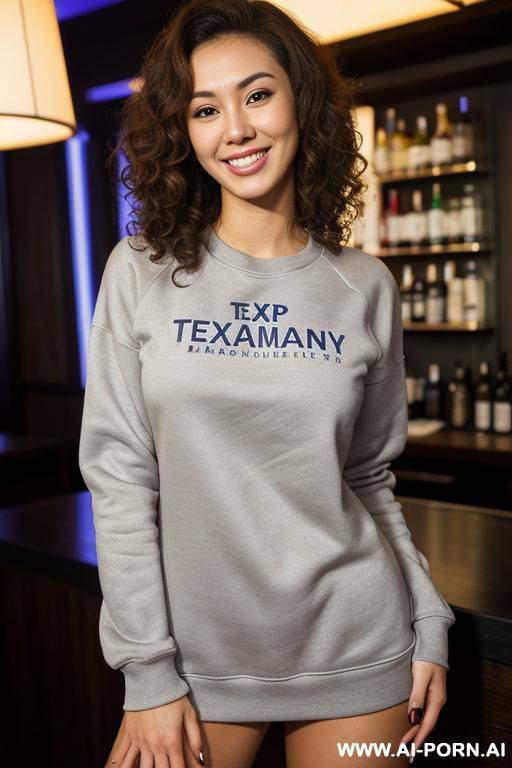 sweatshirt , kitchen , bar, lean, (photorealistic) (tanned brunette texan nerd), (asian), (ultra detailed photo), (hyper realistic photo), busty - #main