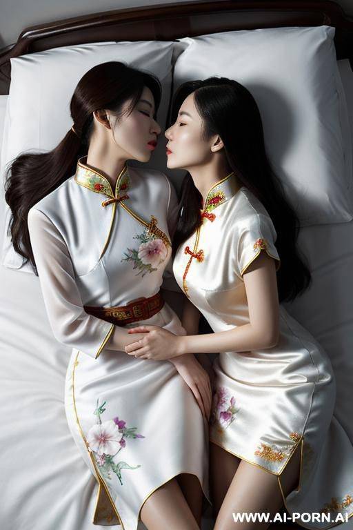 masterpiece, fine details, breathtaking artwork, painterly art style, high quality, k, very detailed, high resolution, exquisite composition and lighting, white skin, (((chinese mother wear china dress)))), 2 women waer kissing on bed - #main