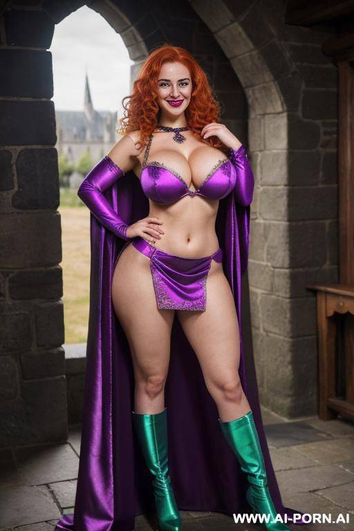glamorous classy bimbo fit babe, pallid white pink skin, ((gigantic massive heavy perky boobs)), green high slit skirt, blue blouse deep v-neck, purple ornate cape, shiny glossy skin, ((full body shot)) - #main