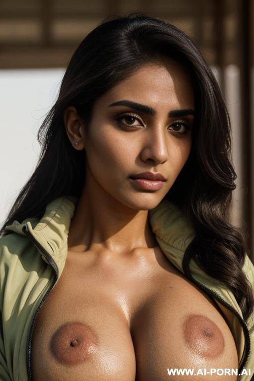 pakistani, tan, drowsy facial expression, dri fit jacket, huge round perfect oval tits - #main