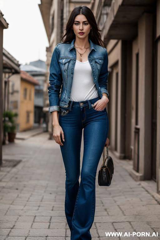 flare jeans blow rise jeans, jacket, boobs showing - #main