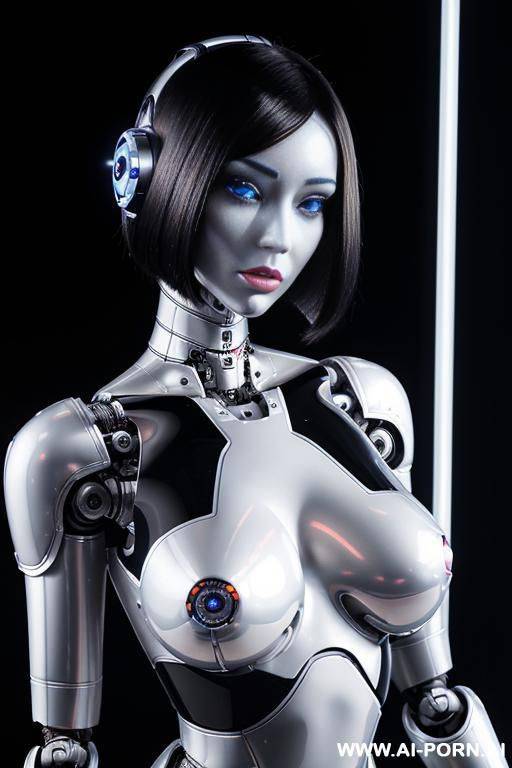 (realistic very detailed robot doll total meccanical artificial robot body woman) with long black hair and black-white glossy rubber latex glass transparent colored skin threads, glowing blue robotic - #main
