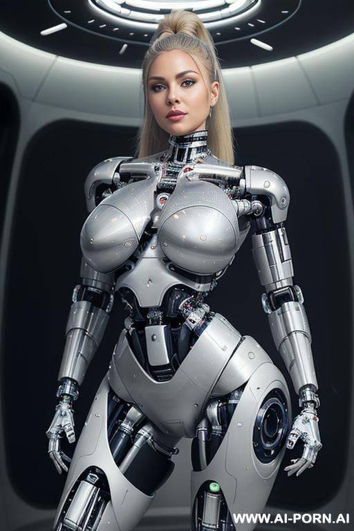 (((realistic look, super realistic))) ((spaceship)) ((front view)) (((beautiful cyborg woman))) (((sexy cyborg woman))) ((blonde)) ((long ponytail hairstyle)) (((perfectly beautiful face, sexy plump lips))) - #main