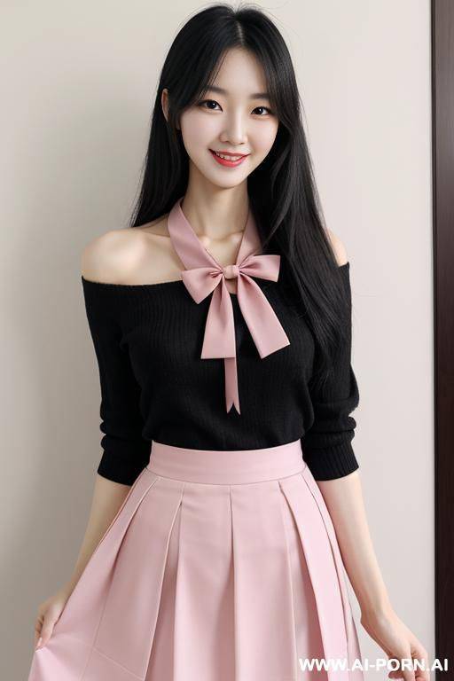 realistic, korean, tall, slender, smiling, beautiful, bows, ribbon, pink, skirt, casual, black hair, long hair - #main