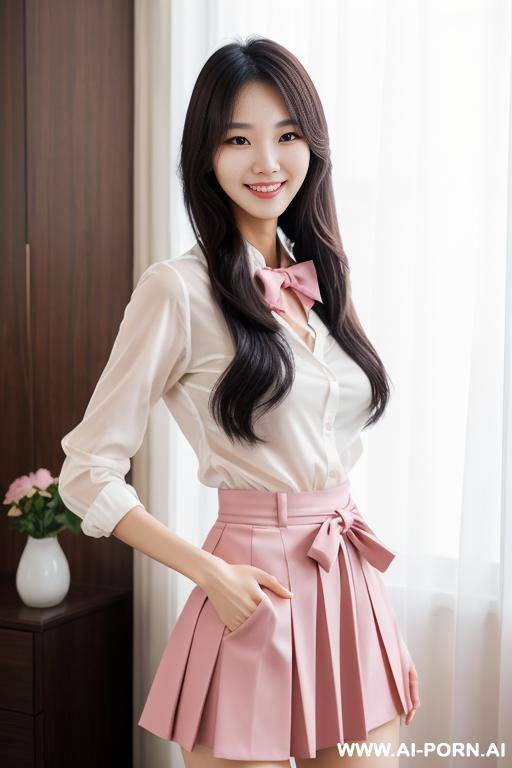 realistic, korean, tall, slender, smiling, beautiful, bows, ribbon, pink, skirt, casual, black hair, long hair, healthy, tan skin, pretty - #main