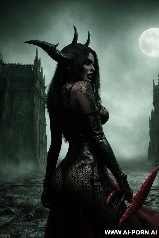 demon woman, full body picture, long sharp demon tooths in mouth, landscape, fantasy, horror, film, cinematic, realistic, movie, sharp picture, high quality, - #main