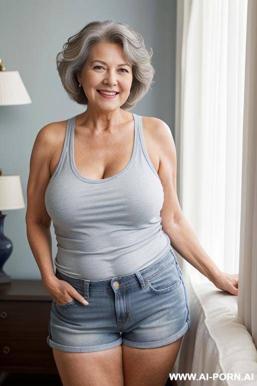 0-years-old grandmother, voluptuous body, standing, short gray hair, big smile, very visible signs of aging, wearing blue jean shorts and a white tank top, luxurious room - #main