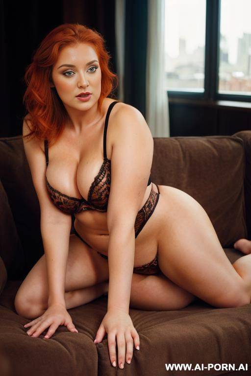 curvy redhead tiger print top busty bulging nipples and boobs out of top, lower half panties with legs spread with seductive face - #main