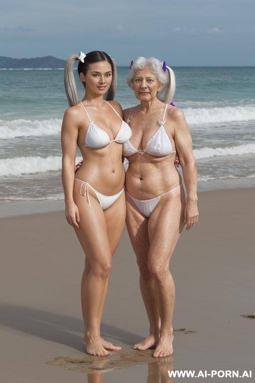 hdr, flabby belly, bunda extremamente, photorealistic, (man and woman standing side by side:1.3), muscular man, grey hair grandma, (fair-skin-grandma:1.3), (high twin tails:1.3), flabby huge breast, large - #main