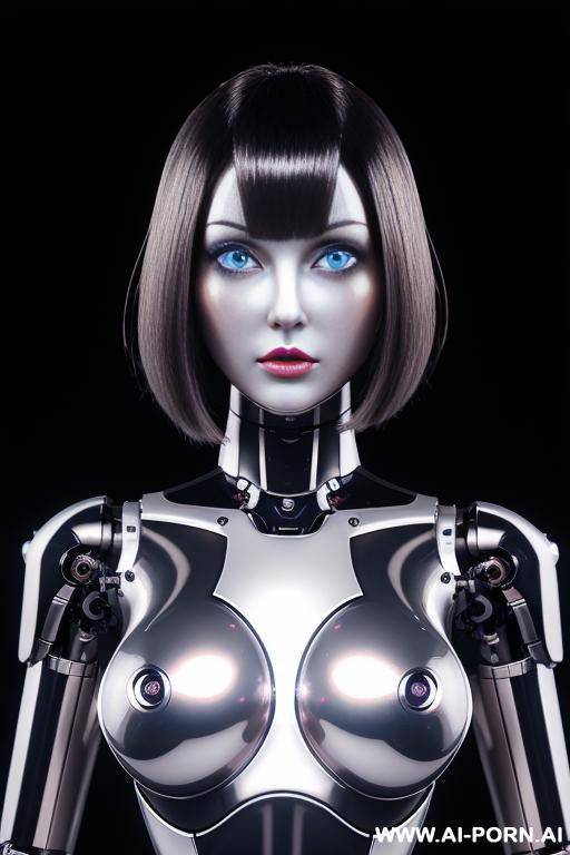 (realistic very detailed robot doll total meccanical artificial robot body woman) with long black hair and black-white glossy rubber latex glass transparent colored skin threads, glowing blue robotic - #main
