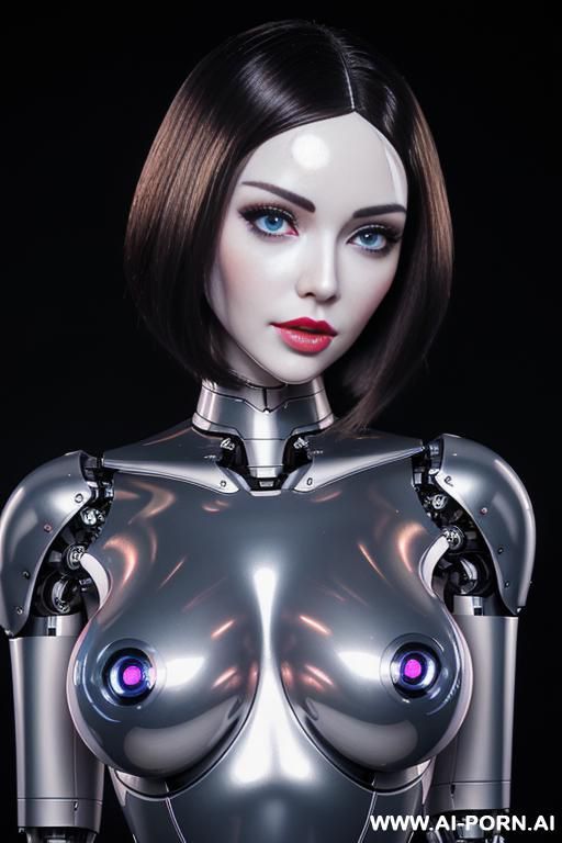 (beautiful very realistic very detailed robot doll total meccanical artificial robot body woman) with long black hair and black-white glossy rubber latex glass transparent colored skin threads, glowing - #main