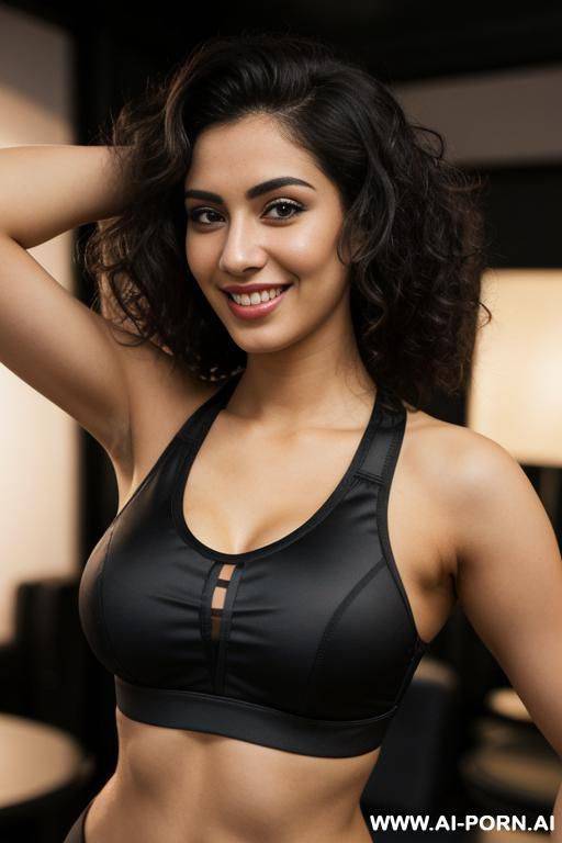 ((black spandex push up sports bra)), bedroom closet, lean, (photorealistic) (pakistani nerd), (ultra detailed photo), (hyper realistic photo), busty - #main