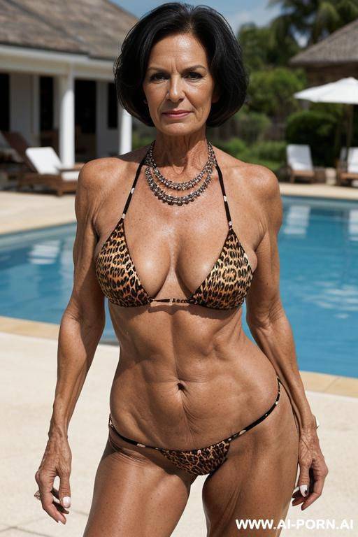 matured old milf, wrinkles, wrinkled skin, aging marks, extremely tanned skin, animal print hooker bikini, necklace, elries, perfect eyes, waist shot, swimming pool - #main