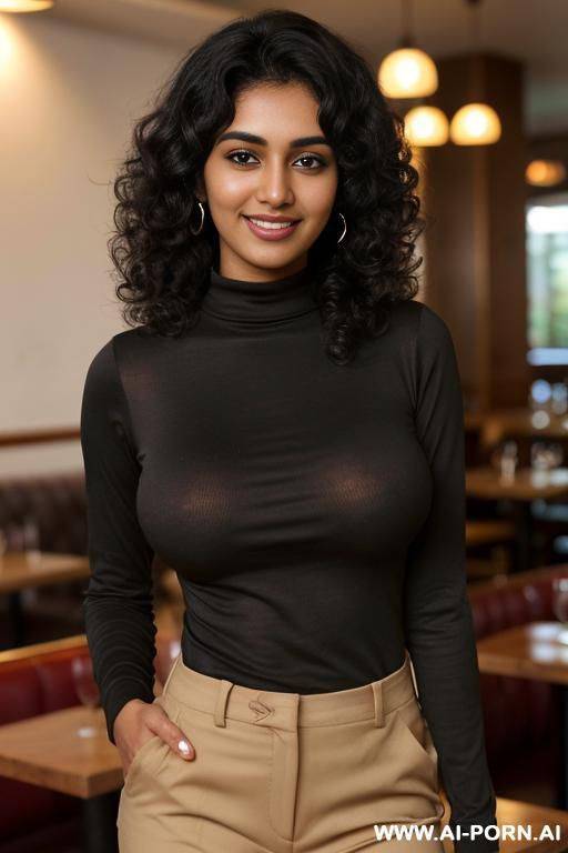 ((black crew neck long sleeve shirt, khaki pants)), (pretty face), (detailed face), (soft slutty smile), (perfect nipples), (natural lighting), (large areolas) , ((highly detailed photo)), dark complexion | - #main