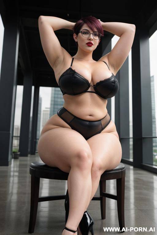 chubby, goth, big natural tits, 30, glasses, short hair, rosé lipstick, playing with nipples, gigantic heavy saggy boobs, ((arms up)) very large hips, big ass - #main