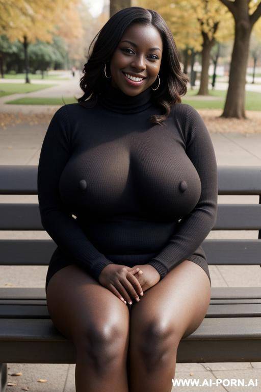 medium shot photo, (((massive breasts))), dark skinned, legs spread 20 year old, wearing an oversized turtleneck, smiling, chubby body, sitting on a park bench - #main