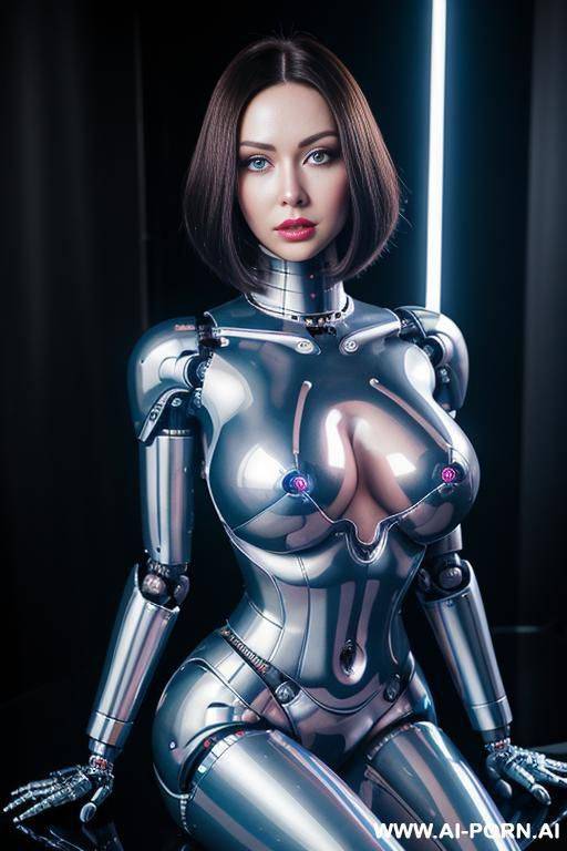(realistic very detailed robot total meccanical artificial robot body woman) with long black hair and black glossy latex metal transparent colored skin threads, glowing blue robotic eyes, and a - #main