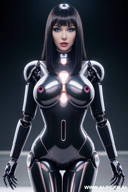 (realistic very detailed robot total meccanical artificial robot body woman) with long black hair and black glossy latex glass transparent colored skin threads, glowing blue robotic eyes, and a - #main