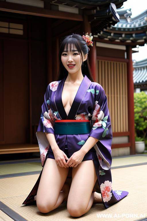 2 women wear kimono kneeling down before a giant dildo - #main