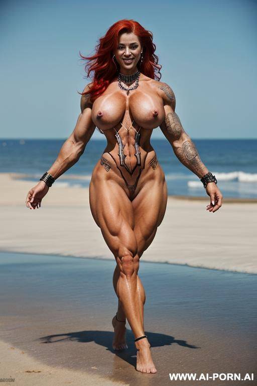 topless, bottomless, ((((full naked)))), very beautiful face, (((smiles and shows tongue))), ((((nude)))), (((waist long beautiful red hair))), ((((wasp waist)))), (((hourglass figure))), (((massive round - #main