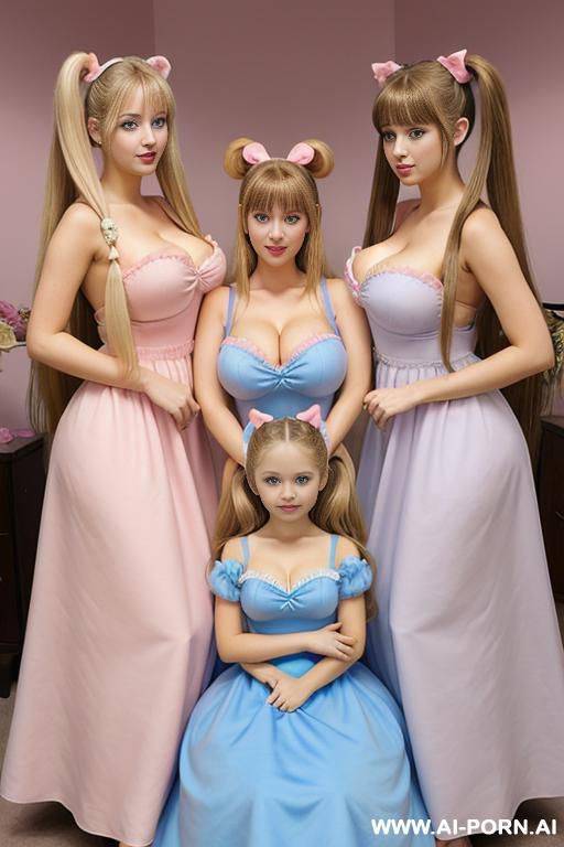 two blonde woman and one light brown haired woman, blue eyes, huge massive gigantic boobs, in the middle of two big pink plushie bears, cheap princess dress, huge hair tail - #main