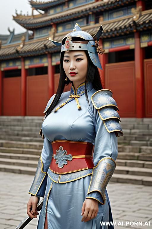 ((chinese armor)), ((chinese medieval)), ((chinese helmet armor)), ((steel)), ((light blue)), ((full lips)), ((smart)), ((firm face)), ((chinese palace background)), ((sword)) - #main