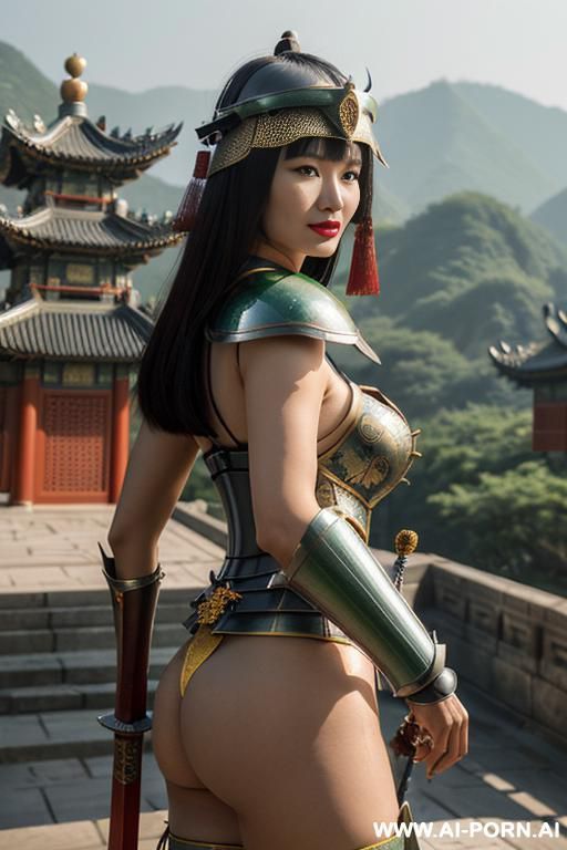 ((chinese armor)), ((chinese medieval)), ((chinese helmet armor)), ((steel)), ((green)), ((full lips)), ((smart)), ((firm face)), ((chinese palace background)), ((sword)), ((saber)), ((hold shield), ((sun motif)), ((full armor)) - #main