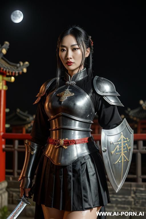 ((chinese armor)), ((chinese medieval)), ((steel)), ((black), ((full lips)), ((smart)), ((chinese town background)), ((full armor)), ((sword and shield)), ((chinese black empire armor)), ((stand)), ((ahegao)), - #main