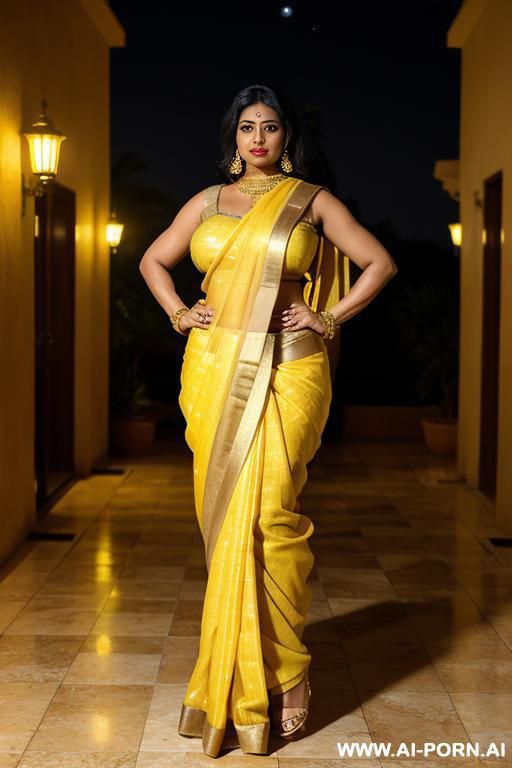 yellow sari, golden sleeveless blouse. - #main