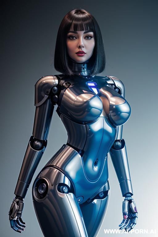 (beautiful very real very detailed robot tranformer style robo-cop robot doll total meccanical artificial robot body woman) with long black hair and black-white sky blue glossy glass rubber latex - #main
