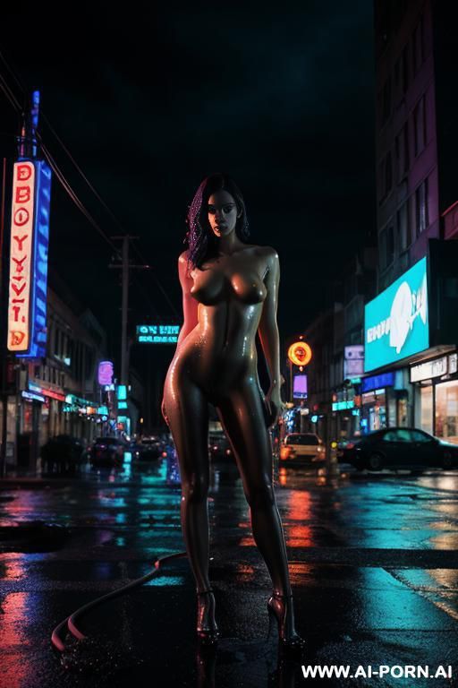 woman, fully nude, standing in a window, city street, future world, dramatic lighting, neon, night, wet, dirty, wires - #main