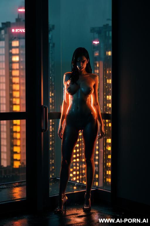 woman, fully nude, standing in a window, apartment building, future world, dramatic lighting, neon, night, wet, dirty - #main