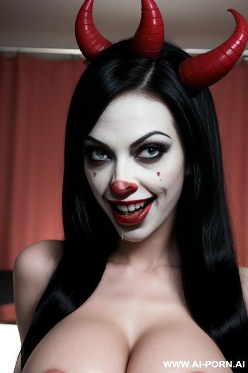 (creepy devil clown woman), ( wearing devil horns), (cum on her tits), (show her licking cum from a dick), (succubus), (show her sucking his dick), (sucking dick), (blowjob), (cumshot), (tits covered in cum) - #main