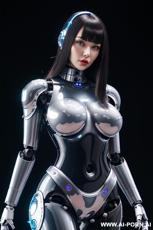 (beautiful very real very detailed robot tranformer style robo-cop robot doll total meccanical artificial robot body woman) with long black hair and black-white sky blue glossy glass rubber latex - #main